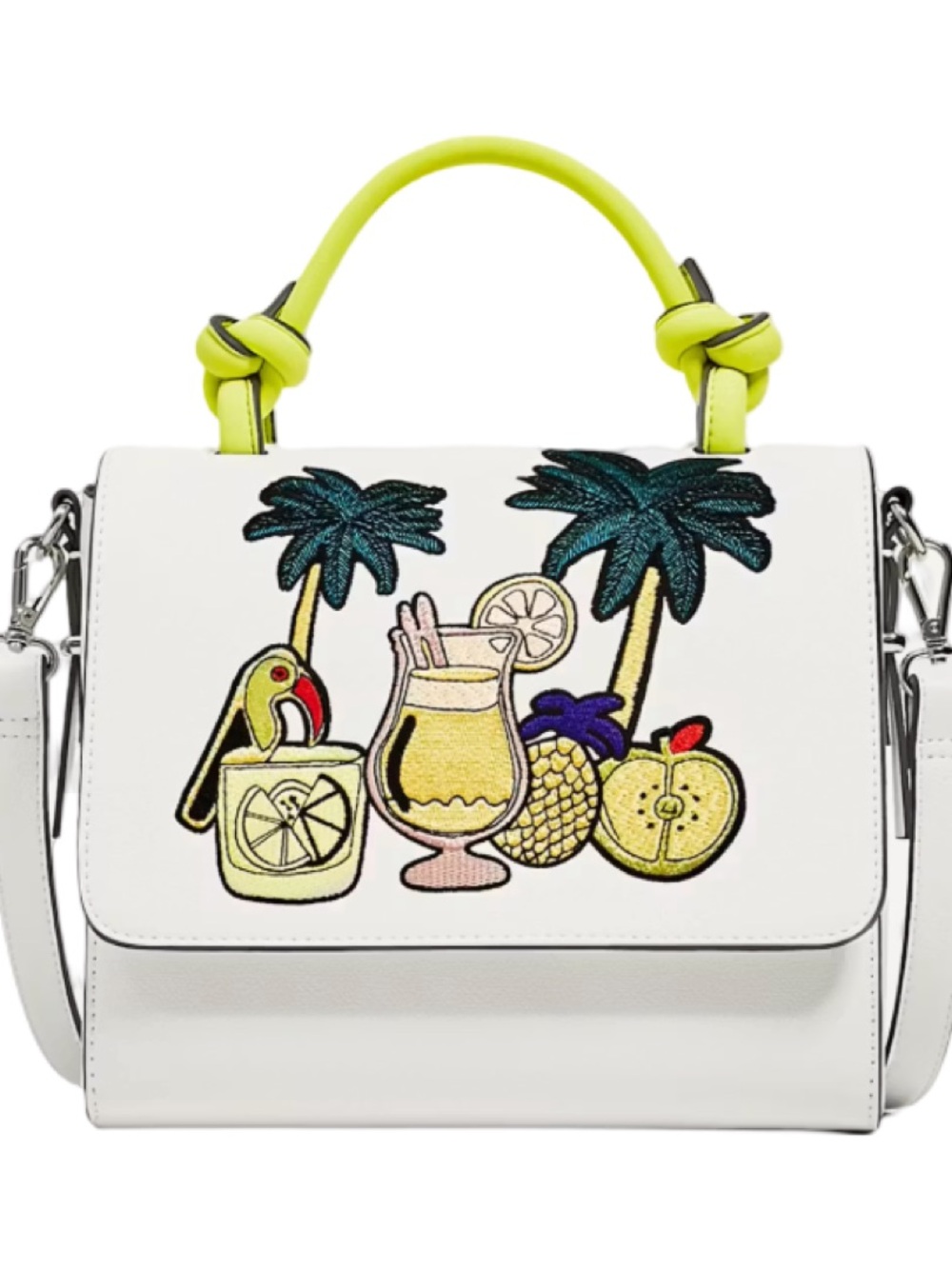 Zara White Neon Tropical Embroidered Crossbody Satchel Bag Vacation Resort EUC